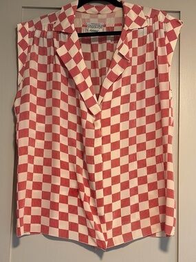 Vintage Sleeveless Red and Cream Checker V-Neck Blouse by Princess Galitzine ML